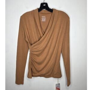 NWT OGL Eco-Mousse camel tan brown ruched crossover long sleeve shirt - small